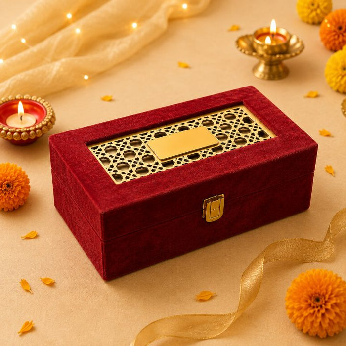 Premium Red Velvet Dry Fruit Gift Box with 2 Glass Jars | 9x5x3.5 Inch
