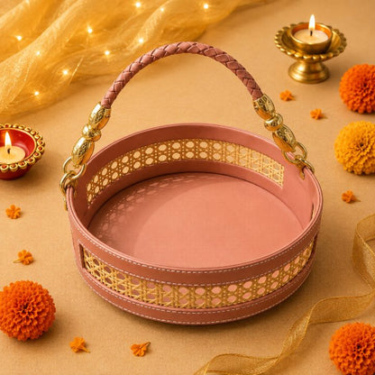 Premium Peach Leatherette & Rattan Round Hamper Tray with Handle | 2 Sizes second view