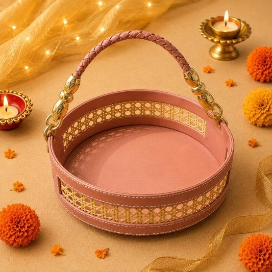 Premium Peach Leatherette & Rattan Round Hamper Tray with Handle | 2 Sizes second view