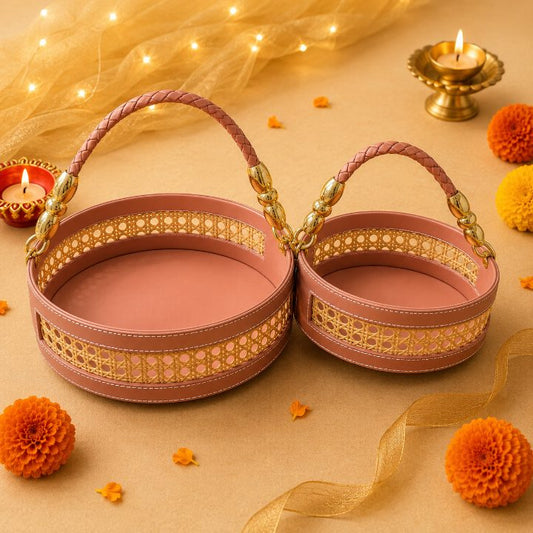Premium Peach Leatherette & Rattan Round Hamper Tray with Handle | 2 Sizes