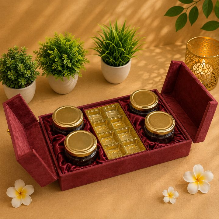 Premium Maroon Velvet Dry Fruit & Chocolate Gift Box with 4 Jars | 13x9x3.5 Inch second view