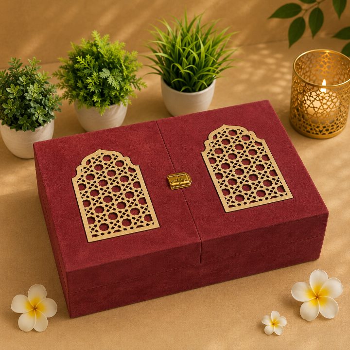 Premium Maroon Velvet Dry Fruit & Chocolate Gift Box with 4 Jars | 13x9x3.5 Inch