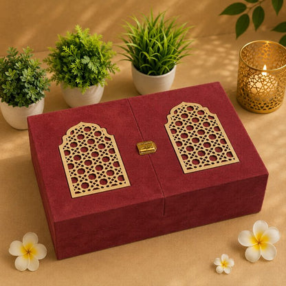 Premium Maroon Velvet Dry Fruit & Chocolate Gift Box with 4 Jars | 13x9x3.5 Inch