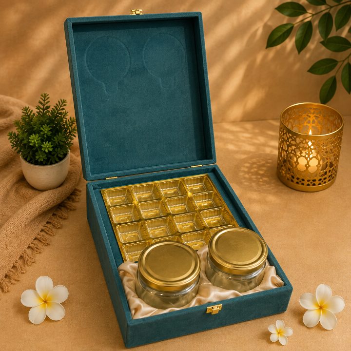 Premium Dark Green Velvet Dry Fruit & Chocolate Gift Box with 2 Jars | 13x9x3.5 Inch second view