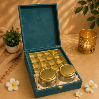Premium Dark Green Velvet Dry Fruit & Chocolate Gift Box with 2 Jars | 13x9x3.5 Inch second view