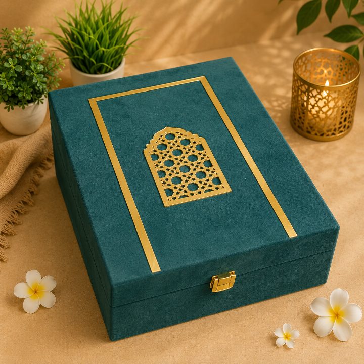 Premium Dark Green Velvet Dry Fruit & Chocolate Gift Box with 2 Jars | 13x9x3.5 Inch