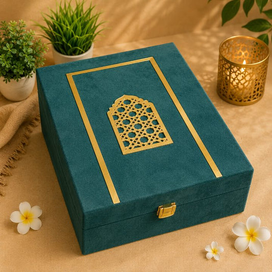 Premium Dark Green Velvet Dry Fruit & Chocolate Gift Box with 2 Jars | 13x9x3.5 Inch