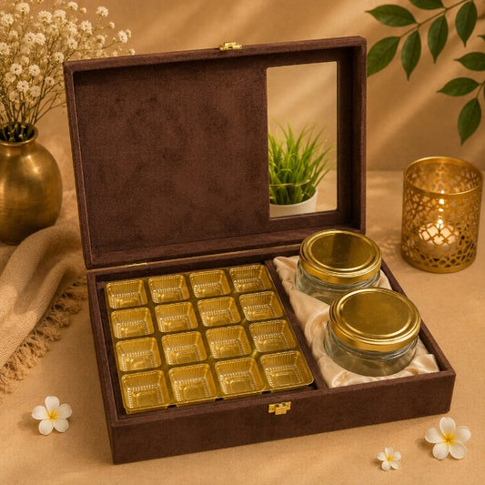 Premium Brown Velvet Dry Fruit & Chocolate Gift Box with 2 Jars | 13x9x3.5 Inch second view