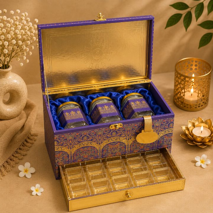 Premium Blue Scodix Printed Dry Fruit & Chocolate Gift Box with 3 Jars second view