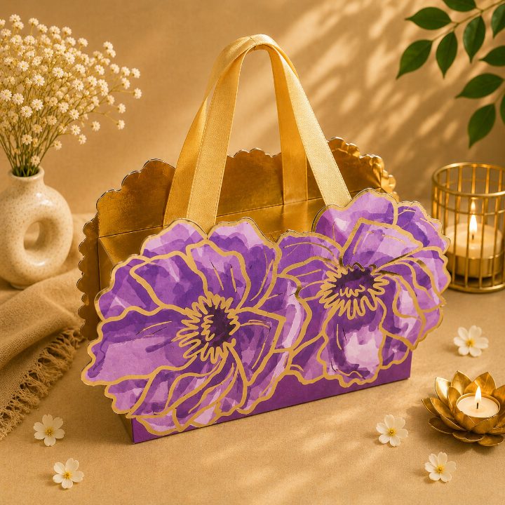 Premium Purple Scodix Printed Floral Dry Fruit & Chocolate Gift Box with 3 Jars
