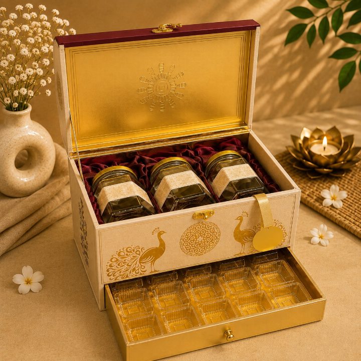 Premium White & Red Scodix Printed Dry Fruit & Chocolate Gift Box with 3 Jars second view