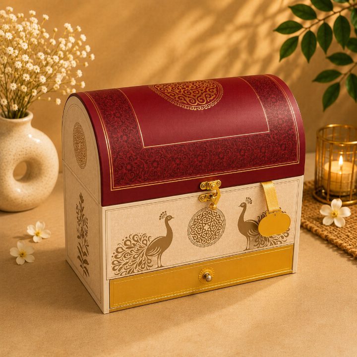 Premium White & Red Scodix Printed Dry Fruit & Chocolate Gift Box with 3 Jars