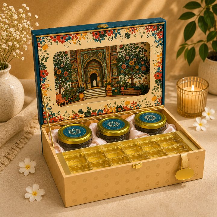 Premium Teal Blue & Gold Scodix Printed Dry Fruit & Chocolate Gift Box with 3 Jars second view