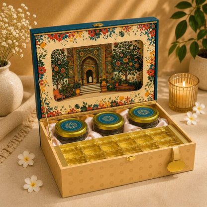 Premium Teal Blue & Gold Scodix Printed Dry Fruit & Chocolate Gift Box with 3 Jars second view