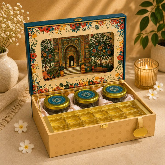 Premium Teal Blue & Gold Scodix Printed Dry Fruit & Chocolate Gift Box with 3 Jars second view