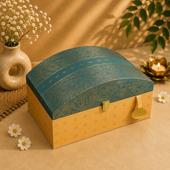 Premium Teal Blue & Gold Scodix Printed Dry Fruit & Chocolate Gift Box with 3 Jars