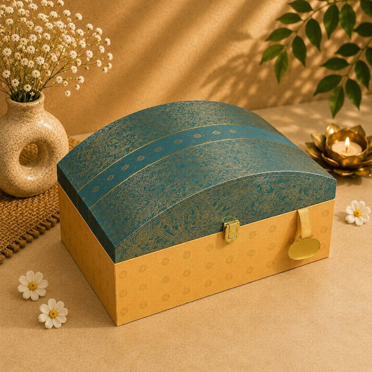 Premium Teal Blue & Gold Scodix Printed Dry Fruit & Chocolate Gift Box with 3 Jars
