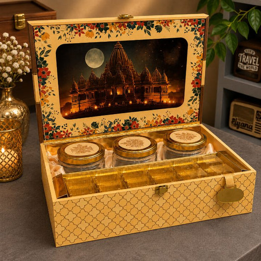 Premium Champagne Gold & Mocha Brown Scodix Printed Dry Fruit & Chocolate Gift Box with 3 Jars second view