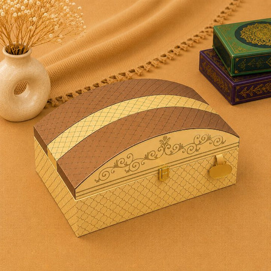 Premium Champagne Gold & Mocha Brown Scodix Printed Dry Fruit & Chocolate Gift Box with 3 Jars