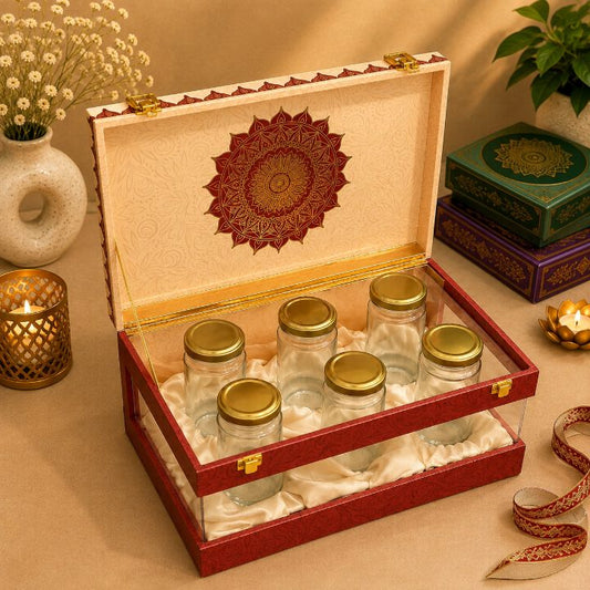 Premium Ivory Cream & Deep Red Scodix Printed Dry Fruit Gift Box with 6 Jars second view