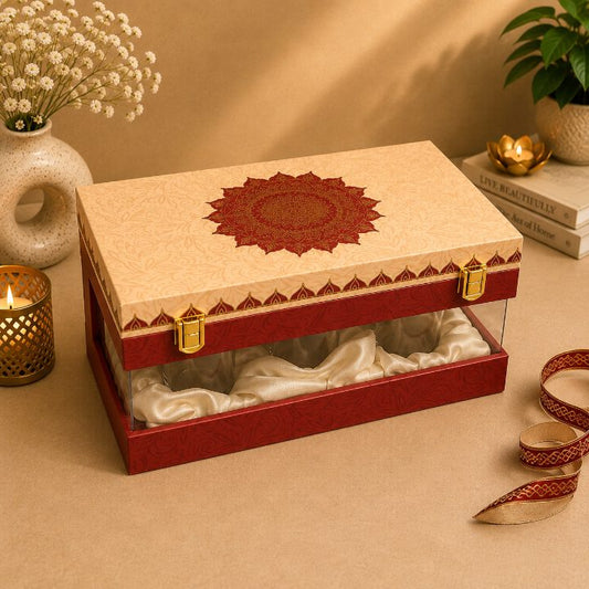 Premium Ivory Cream & Deep Red Scodix Printed Dry Fruit Gift Box with 6 Jars
