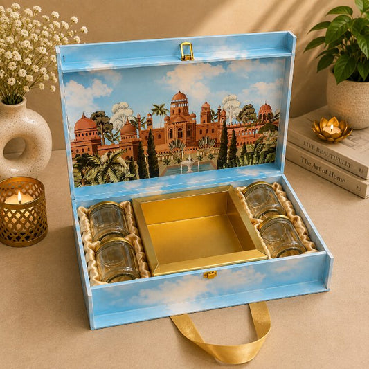 Premium Sky Blue & Gold Scodix Printed Dry Fruit & Chocolate Gift Box with 4 Jars second view