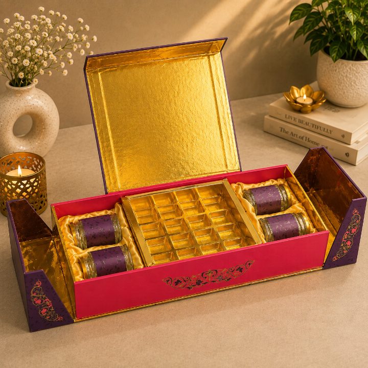 Premium Royal Purple & Rani Pink Scodix Printed Dry Fruit & Chocolate Gift Box with 4 Jars second view