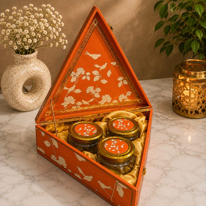 Premium Saffron Orange & Gold Triangular Scodix Printed Dry Fruit Gift Box with 3 Jars second view
