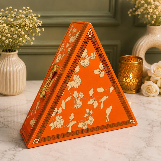 Premium Saffron Orange & Gold Triangular Scodix Printed Dry Fruit Gift Box with 3 Jars