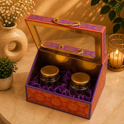 Premium Royal Purple & Coral Orange Scodix Printed Dry Fruit Gift Box with 4 Jars second view