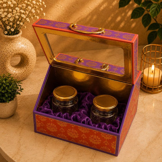 Premium Royal Purple & Coral Orange Scodix Printed Dry Fruit Gift Box with 4 Jars second view
