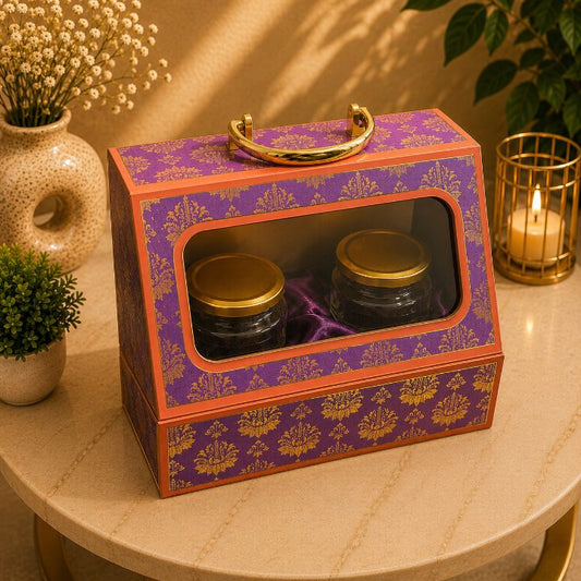 Premium Royal Purple & Coral Orange Scodix Printed Dry Fruit Gift Box with 4 Jars