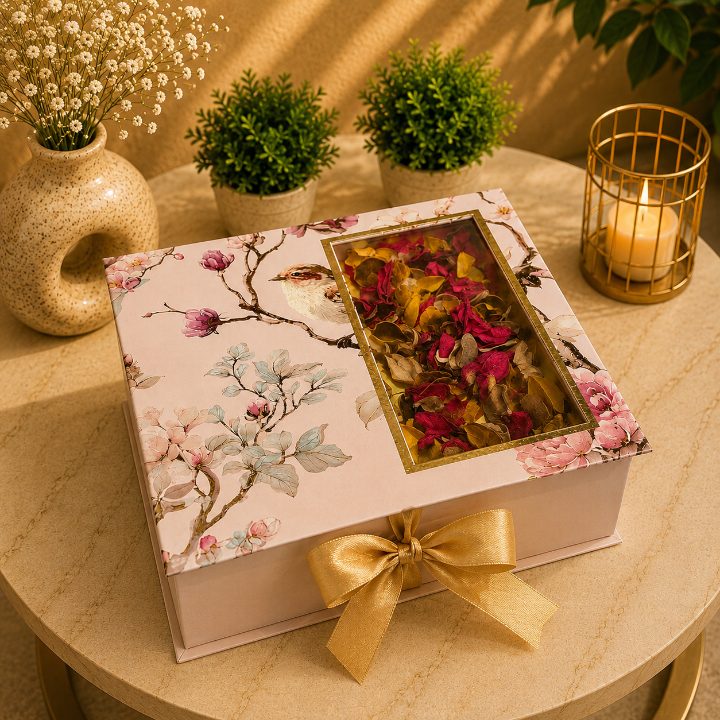 Premium Blush Pink & Champagne Gold Scodix Printed Dry Fruit Gift Box with 4 Jars