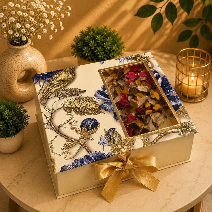 Premium Ivory Cream, Royal Blue & Gold Scodix Printed Dry Fruit Gift Box with 4 Jars