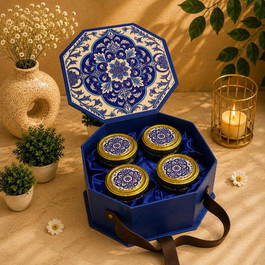 Premium Royal Blue & Ivory Cream Octagonal Scodix Printed Dry Fruit Gift Box with 4 Jars second view