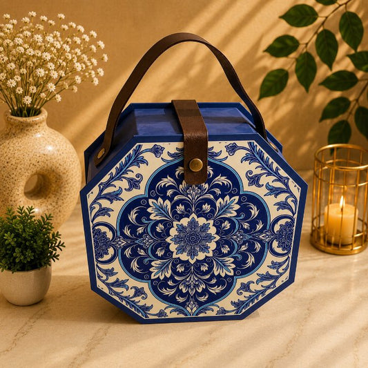 Premium Royal Blue & Ivory Cream Octagonal Scodix Printed Dry Fruit Gift Box with 4 Jars