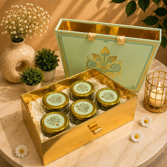 Premium Mint Green & Gold Scodix Printed Dry Fruit Gift Box with 5 Jars second view