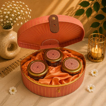 Premium Terracotta Peach & Gold Scodix Printed Dry Fruit Gift Box with 3 Jars second view
