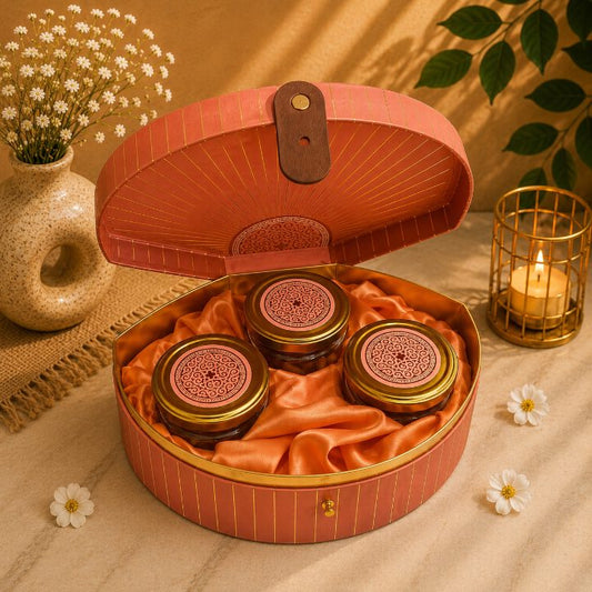 Premium Terracotta Peach & Gold Scodix Printed Dry Fruit Gift Box with 3 Jars second view
