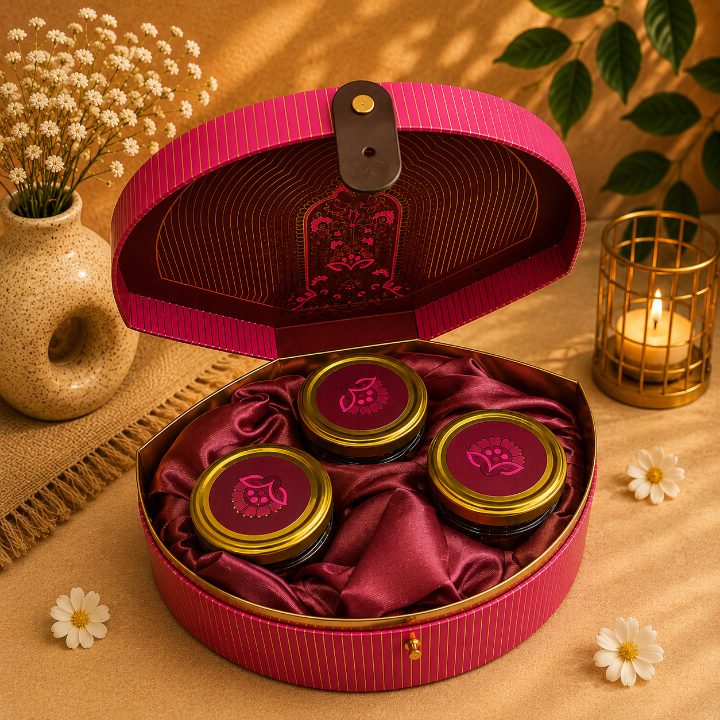 Premium Fuchsia Pink & Gold Scodix Printed Dry Fruit Gift Box with 3 Jars second view