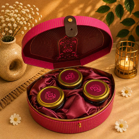 Premium Fuchsia Pink & Gold Scodix Printed Dry Fruit Gift Box with 3 Jars second view