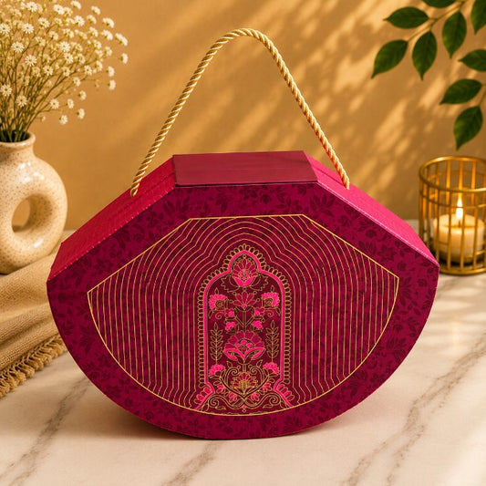 Premium Fuchsia Pink & Gold Scodix Printed Dry Fruit Gift Box with 3 Jars