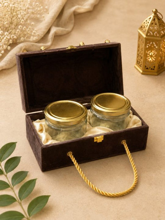 Premium Espresso Brown & Gold Velvet Dry Fruit Gift Box with 2 Jars second view