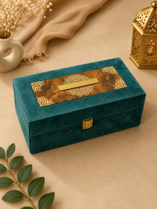 Premium Teal Green Velvet Dry Fruit Gift Box with 2 Jars