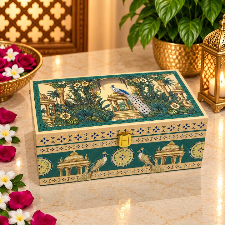 Premium Royal Blue & Gold Velvet Dry Fruit Gift Tray with 2 Jars | 9x5x2.5 Inch second view