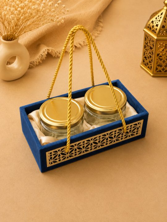 Premium Royal Blue & Gold Velvet Dry Fruit Gift Tray with 2 Jars | 9x5x2.5 Inch