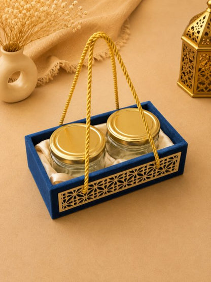 Premium Royal Blue & Gold Velvet Dry Fruit Gift Tray with 2 Jars | 9x5x2.5 Inch
