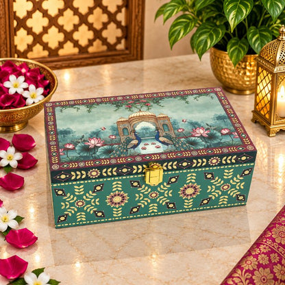 Premium Emerald Teal & Ivory Peacock Scodix Printed Dry Fruit Gift Box with 2 Jars second view
