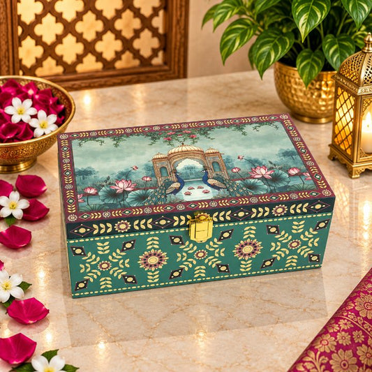 Premium Emerald Teal & Ivory Peacock Scodix Printed Dry Fruit Gift Box with 2 Jars second view