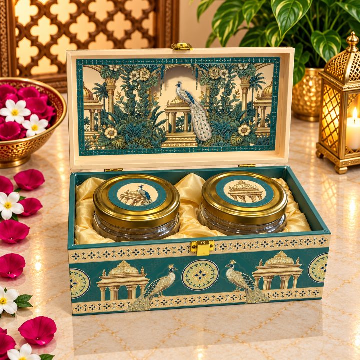 Premium Emerald Teal & Ivory Peacock Scodix Printed Dry Fruit Gift Box with 2 Jars